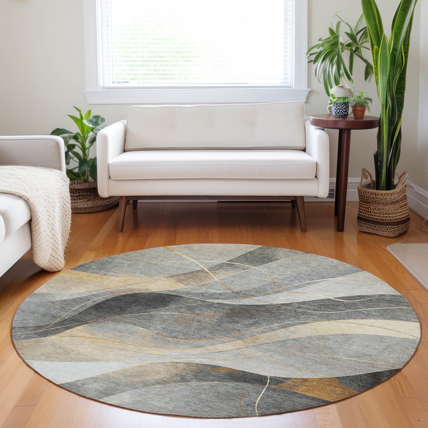 8' Gray Silver And Rust Round Abstract Washable Indoor Outdoor Area Rug-6