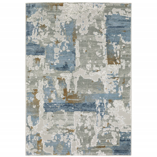 10' X 13' Grey Blue Navy Ivory And Brown Abstract Power Loom Stain Resistant Area Rug-1