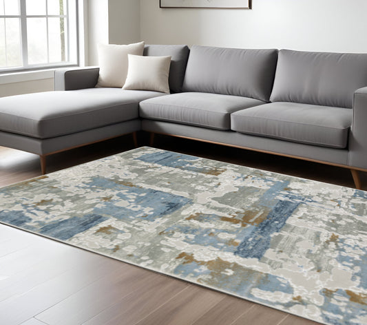 10' X 13' Grey Blue Navy Ivory And Brown Abstract Power Loom Stain Resistant Area Rug-0